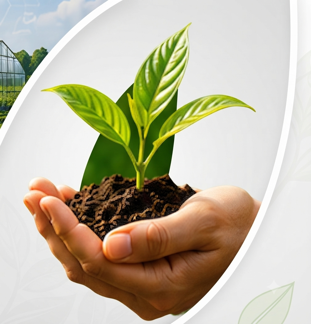 Hands holding a young plant seedling sprouting from rich soil
